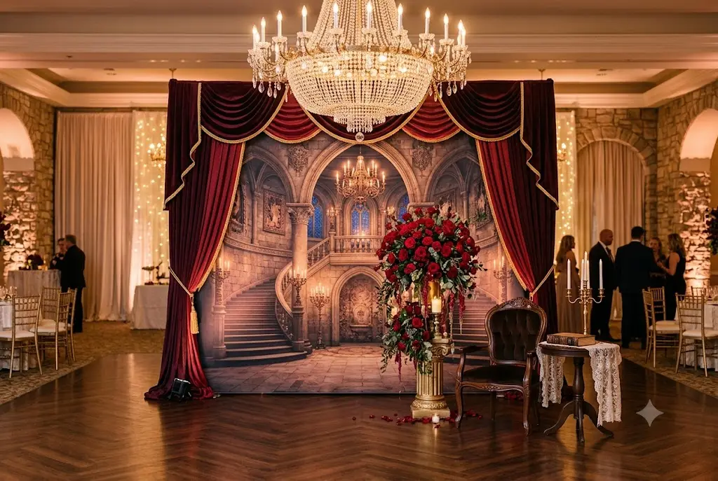 Elegant enchanted castle backdrop with red roses and gold décor for a themed event
