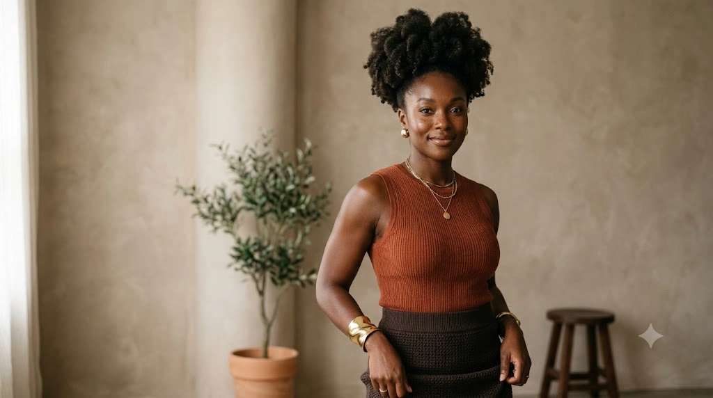 Confident Black woman with natural textured hair in an elegant editorial portrait