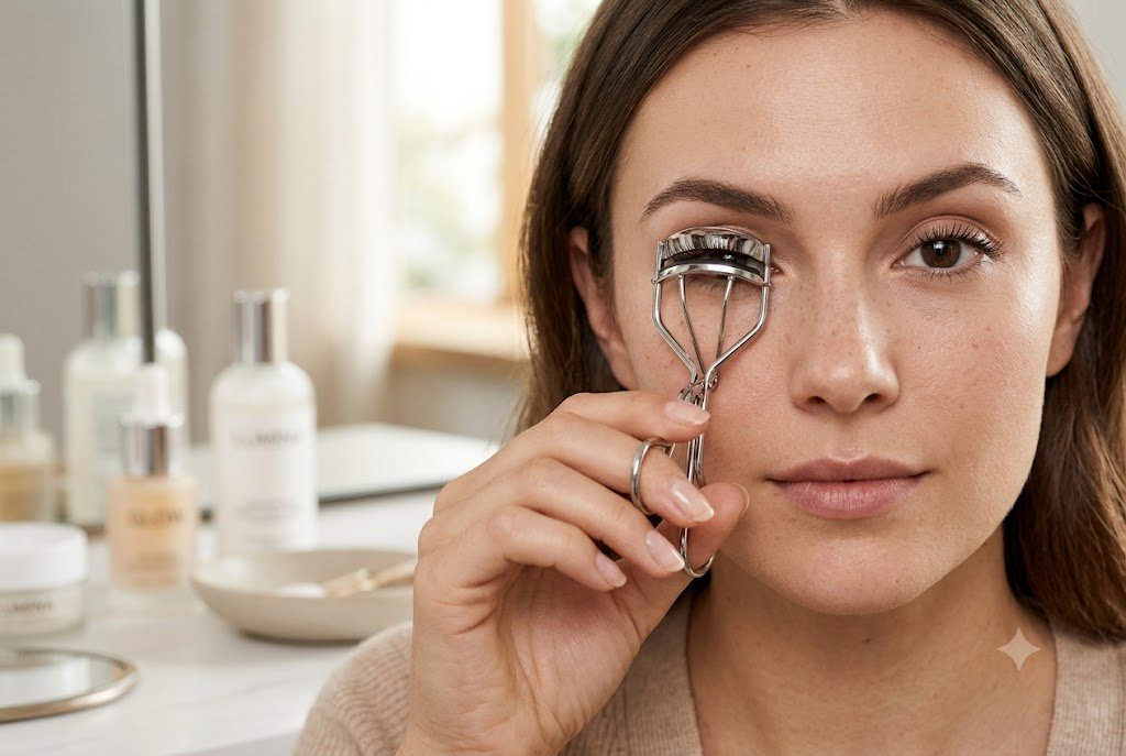 Woman carefully using an eyelash curler to lift her upper lashes