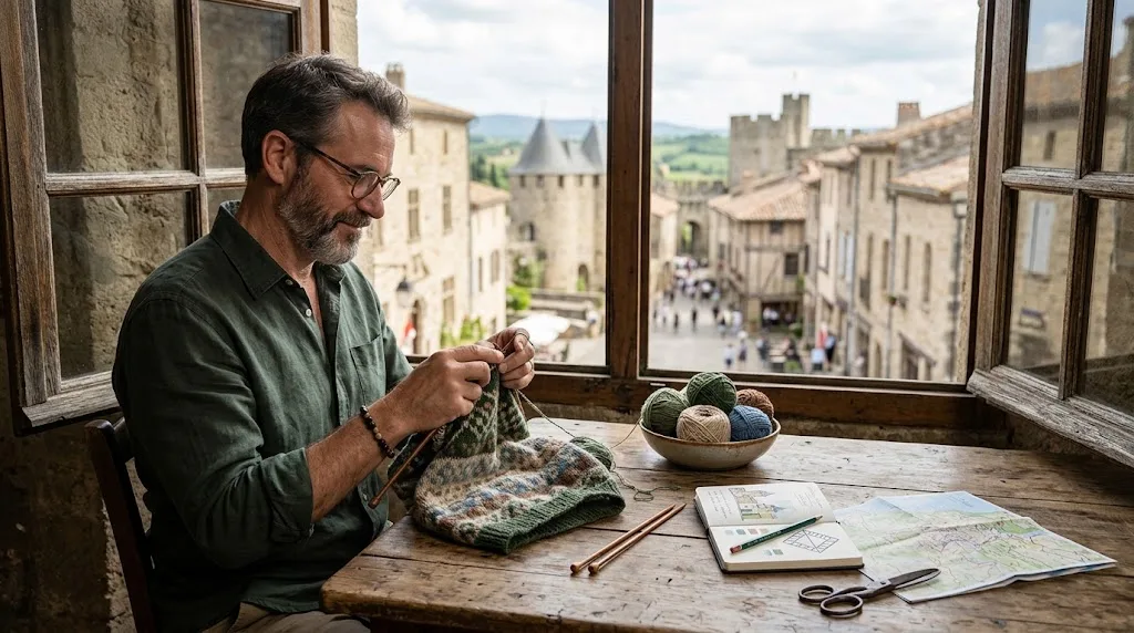 Man knitting a patterned wool sweater beside a window overlooking a historic town