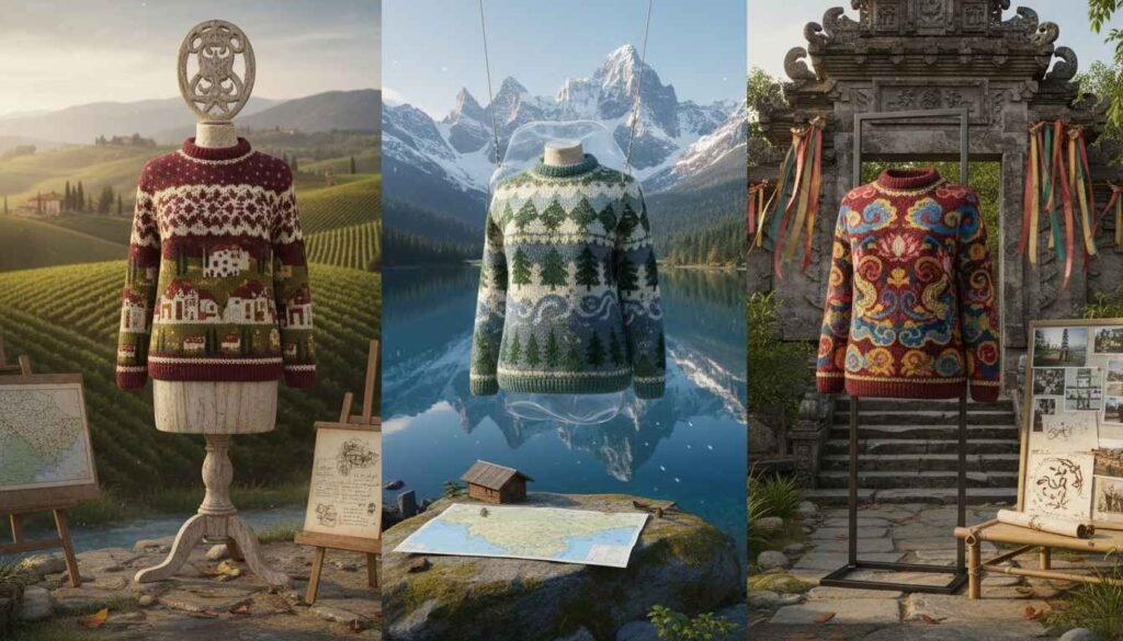man knits sweaters of places he visits