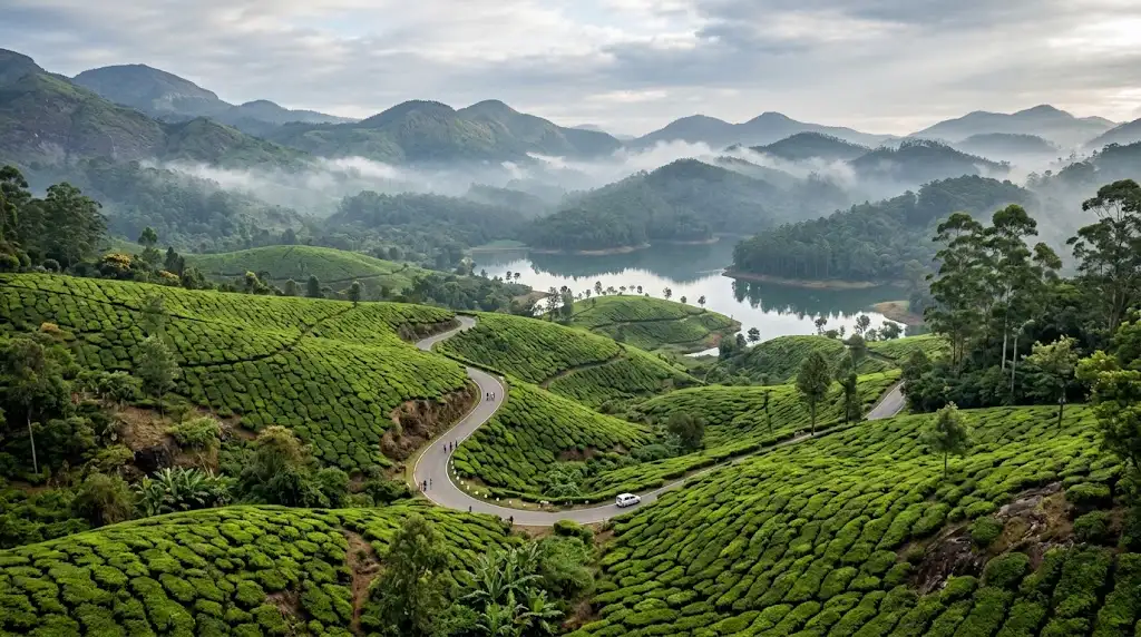 Scenic tea plantations and misty mountains in Munnar Kerala