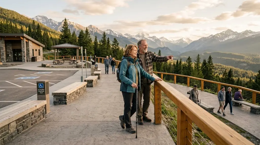 Traveler with limited mobility enjoying a scenic accessible viewpoint in the United States