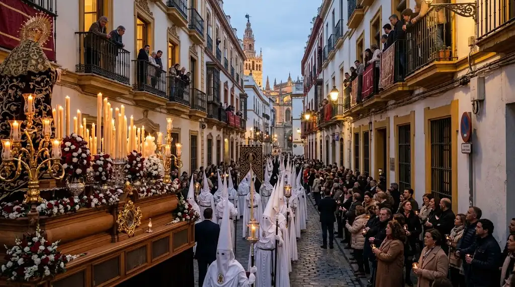 Holy Week procession through historic Seville Spain at dusk