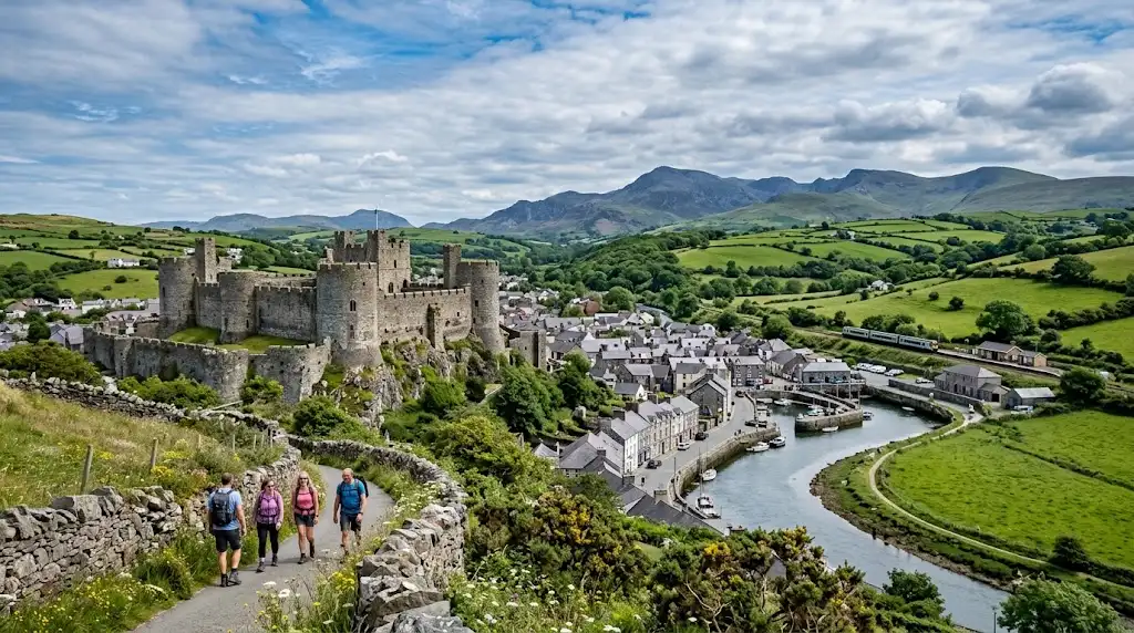 Historic Welsh castle overlooking a town and green countryside