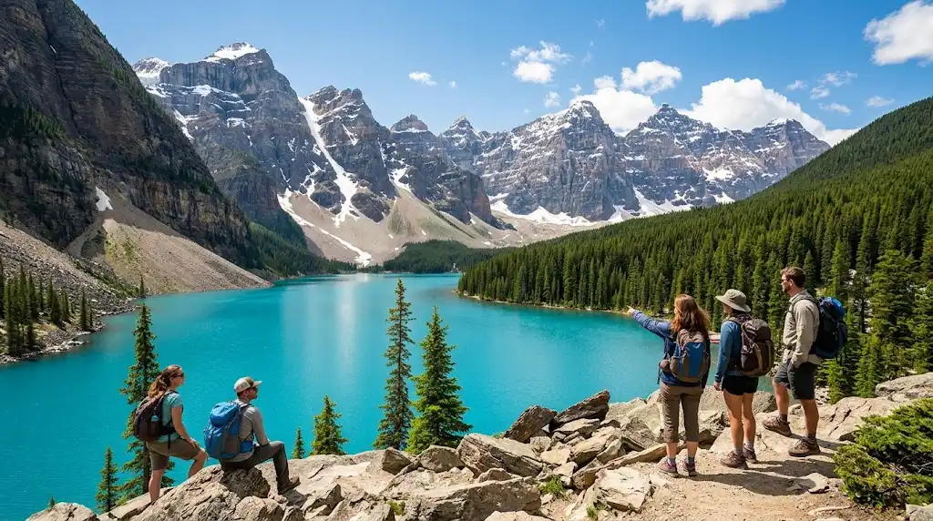 Turquoise alpine lake and snow-capped Canadian Rockies surrounded by evergreen forest in summer