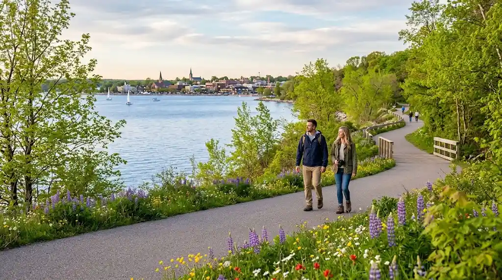 Scenic Midwest spring destination with lake, flowers, and walking trail