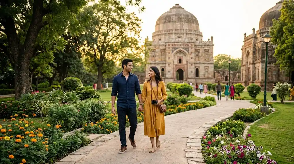Couple exploring a landscaped garden in Delhi NCR