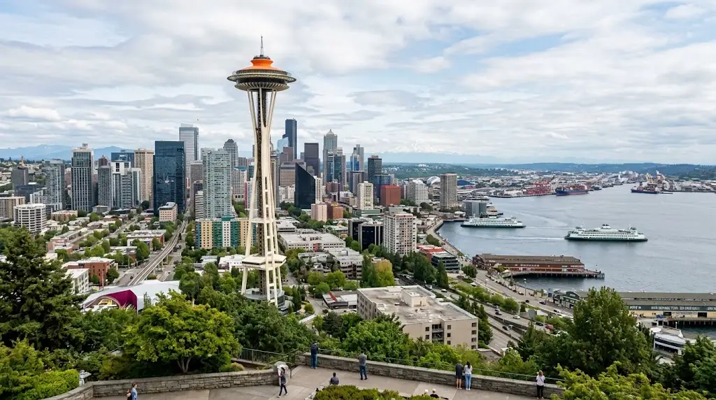 Seattle skyline with the Space Needle overlooking the downtown waterfront and Puget Sound