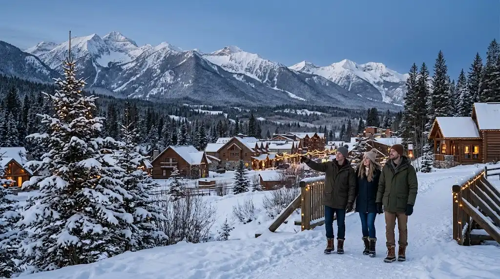 Travelers enjoying a snowy U.S. mountain destination during the winter holiday season