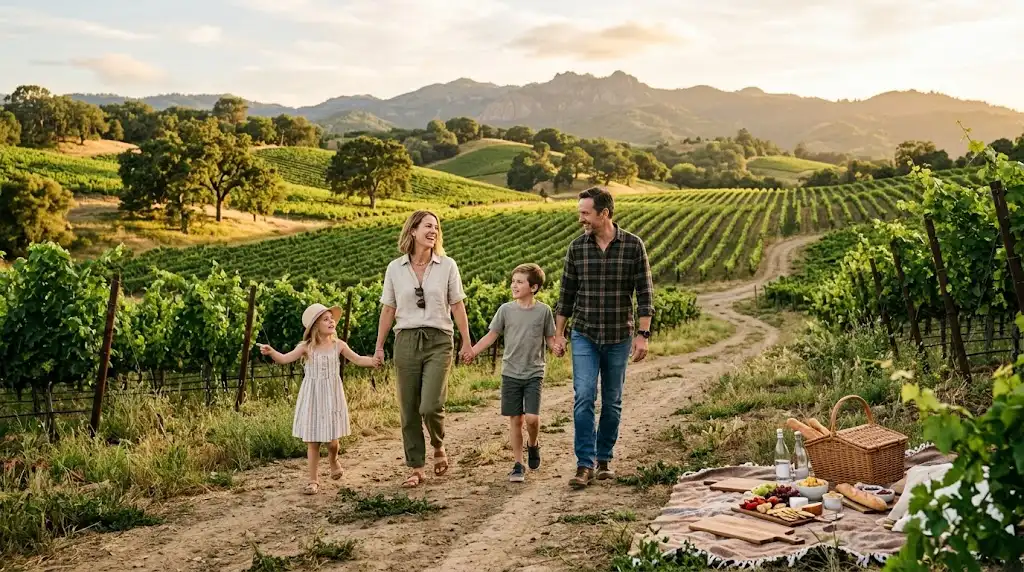 Family enjoying a scenic day among Napa Valley vineyards and rolling hills