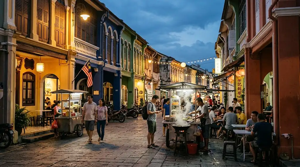 George Town heritage street illuminated at night in Penang, Malaysia