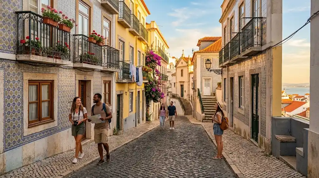 Historic Portuguese street with travelers exploring colorful buildings