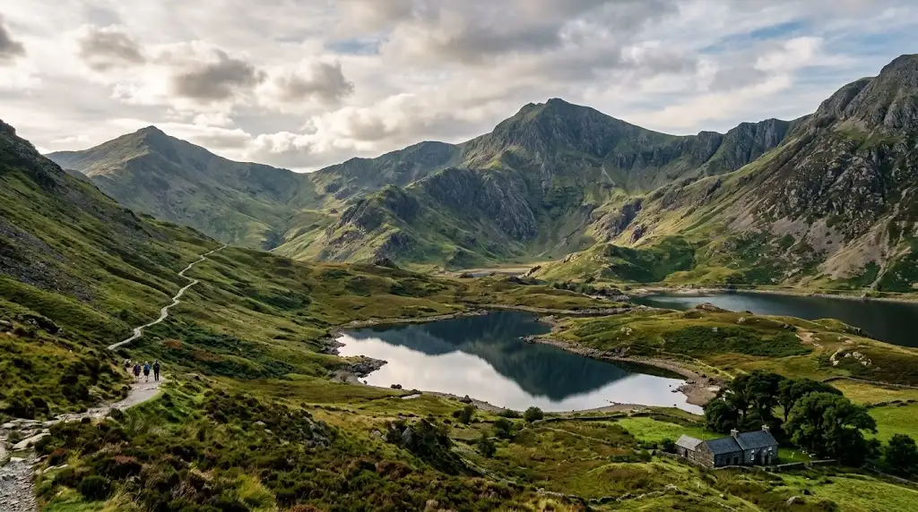 Scenic mountain and lake landscape in Snowdonia National Park Wales