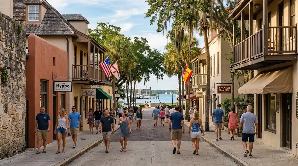 Historic St. George Street in St. Augustine with Spanish colonial buildings and pedestrians