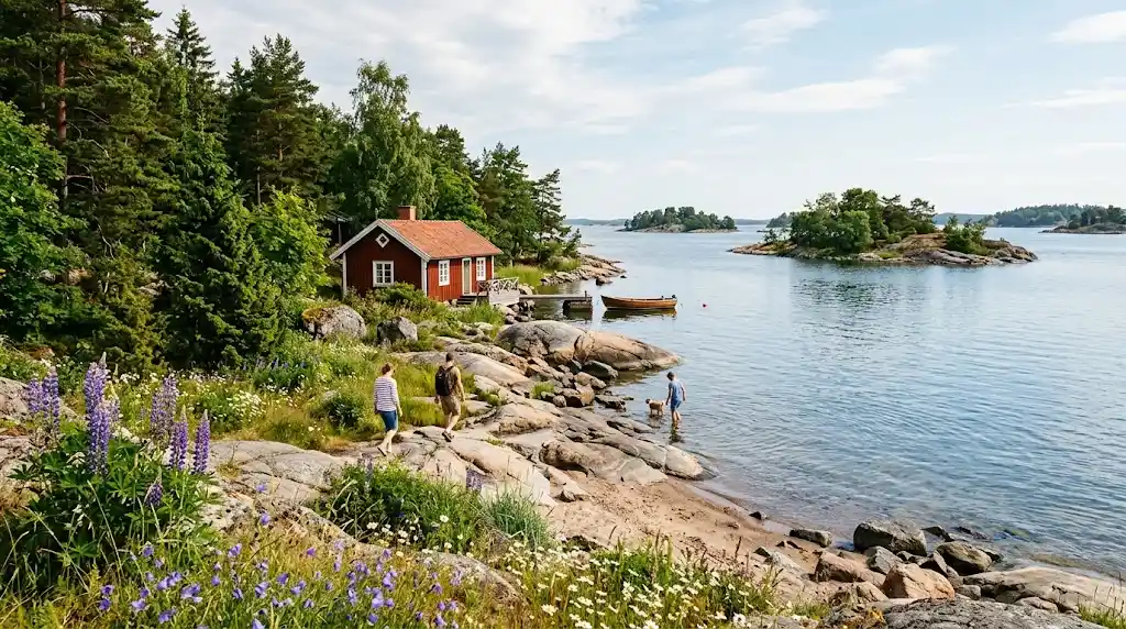 Swedish coastal landscape with islands and a red cottage during summer