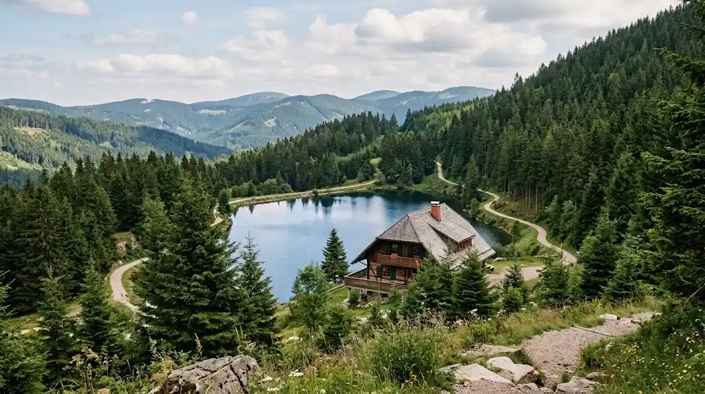 Scenic Black Forest landscape with a lake, forested mountains, and traditional German chalet