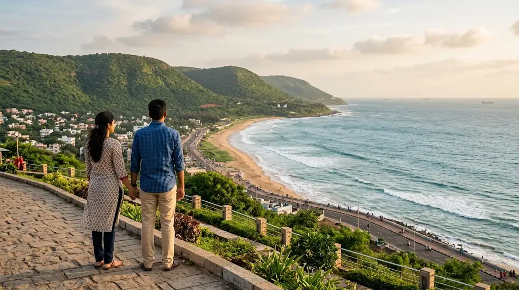 Couple enjoying coastal views of the Bay of Bengal from a scenic viewpoint in Vizag.