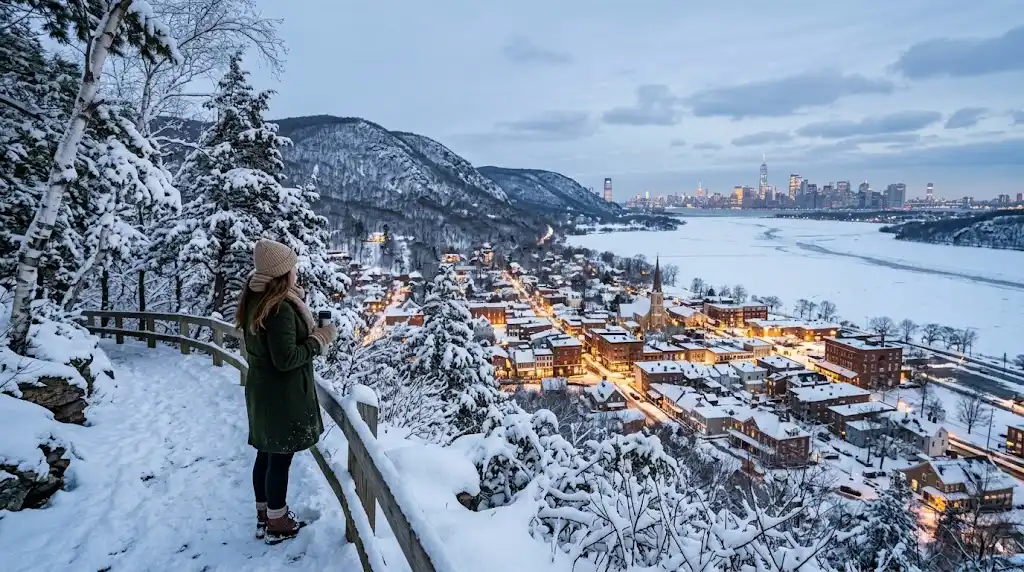 Snow-covered New York winter destination with mountains and illuminated buildings