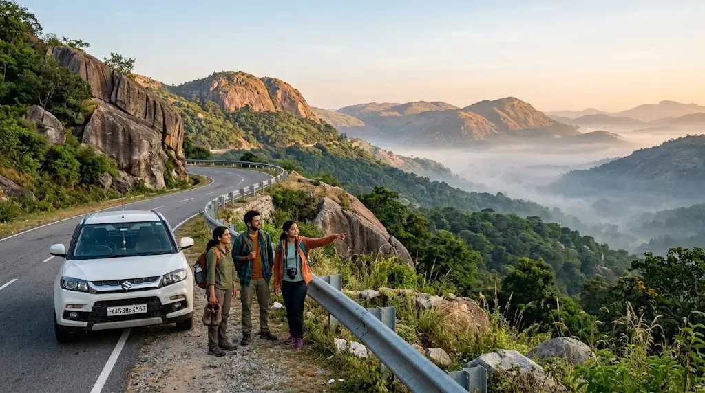 Travelers taking a day trip through the green hills near Bangalore