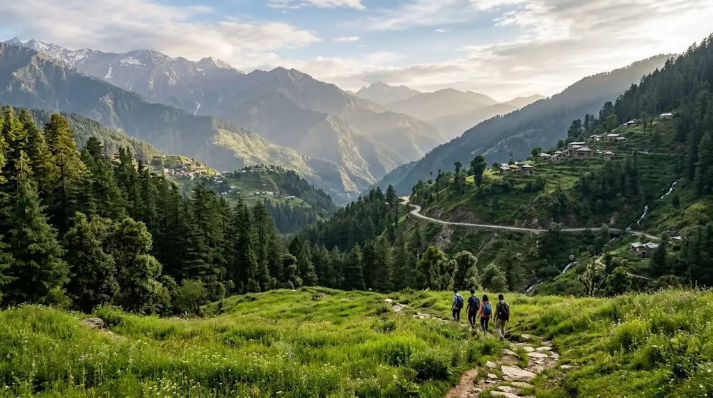 Travelers walking through a scenic Himalayan landscape near Dalhousie