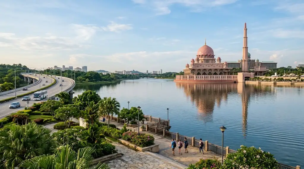 Putra Mosque and Putrajaya waterfront near Kuala Lumpur International Airport