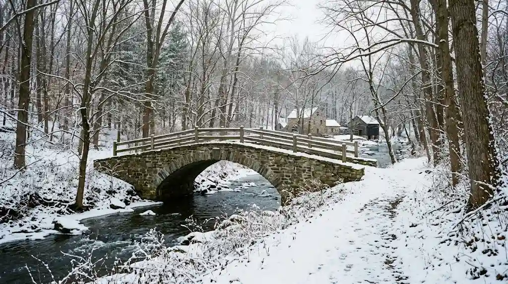 Snow-dusted creek and historic stone bridge in a wooded Pennsylvania winter landscape.