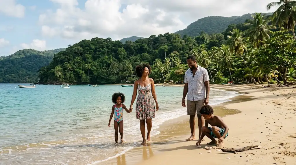 Family enjoying a tropical Trinidad beach surrounded by lush green scenery