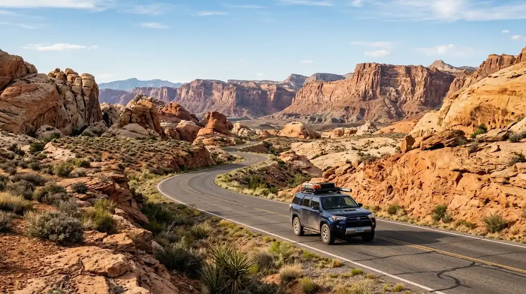 Scenic Utah desert highway surrounded by red-rock cliffs on a road trip from Las Vegas