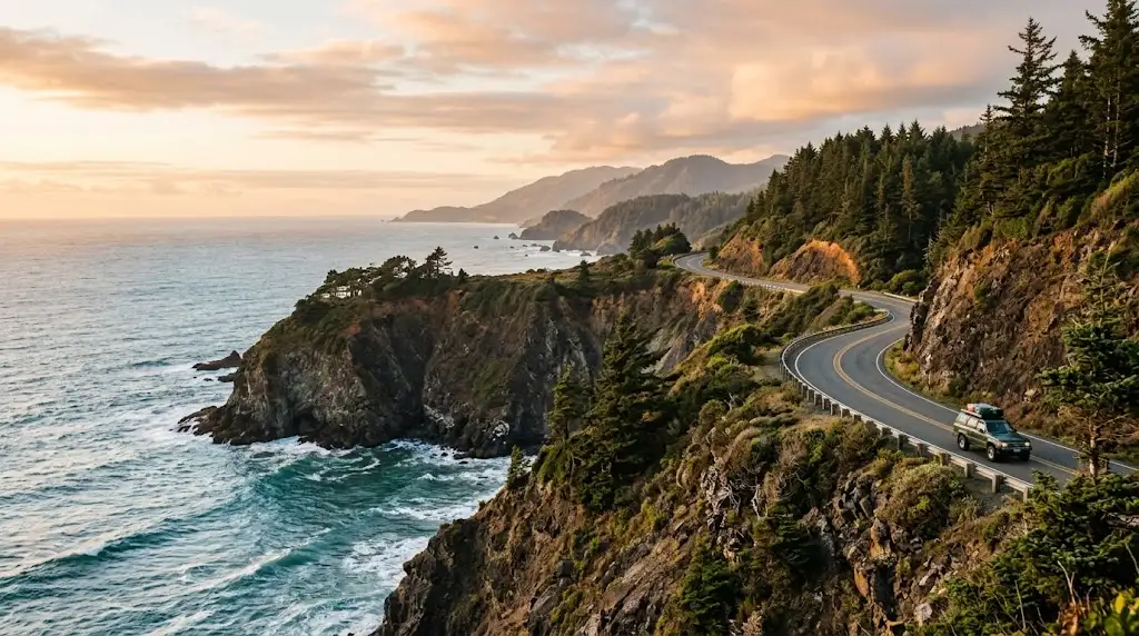 Scenic Pacific coastline and highway representing a West Coast USA road trip