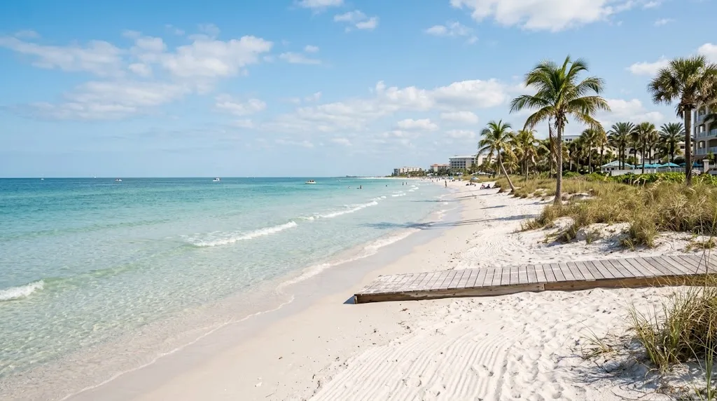 Beautiful Florida beach with turquoise water, soft sand and palm trees