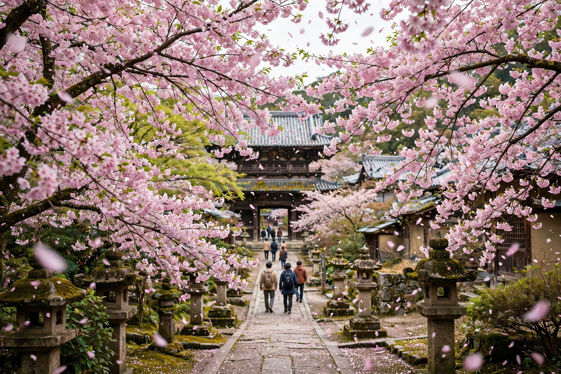 Cherry blossom trees in full bloom along a temple path in Kyoto, Japan in spring