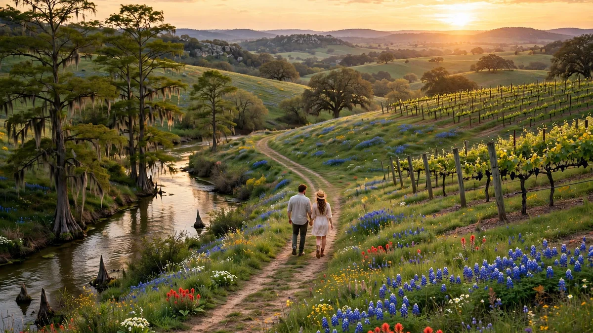Texas Hill Country vineyard at sunset, a romantic couples getaway destination